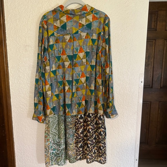 JOHN MARK Patchwork Geometric Floral Print Long Sleeve Shirt Dress Size L Birds - Picture 6 of 16